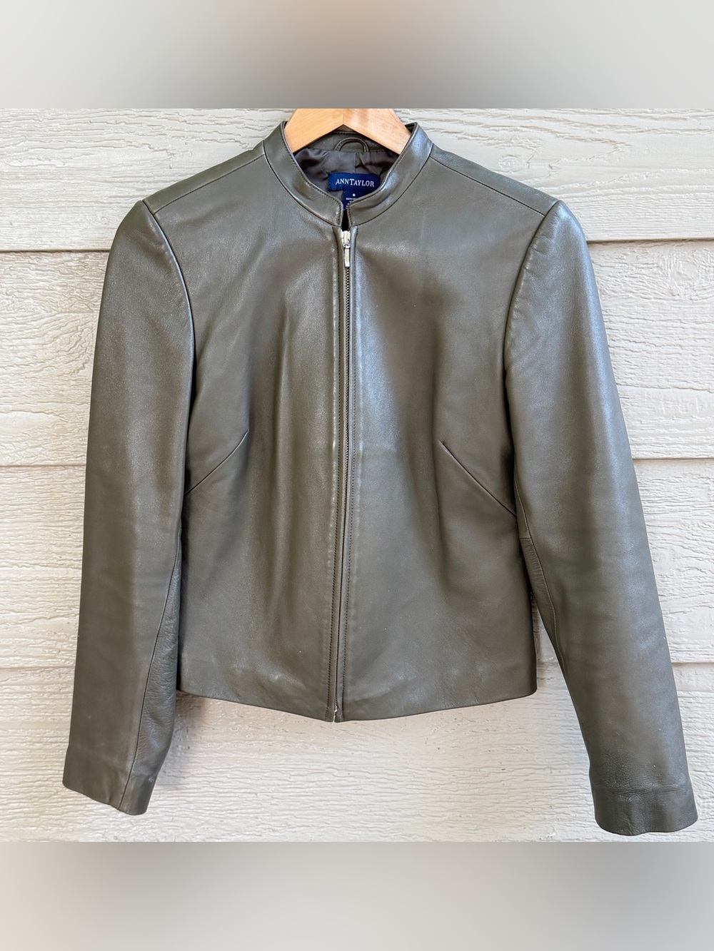 Ann Taylor Women's Small Olive Green Leather Mock Neck Full Zip Jacket Lined